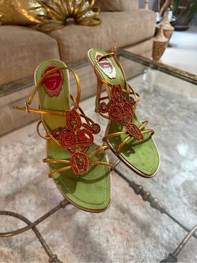 Rene Caovilla Green and Gold Embellished Strappy Heels